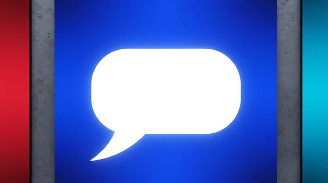 Communication concept white speech bubble icon on blue background with red and cyan borders for social media engagement
