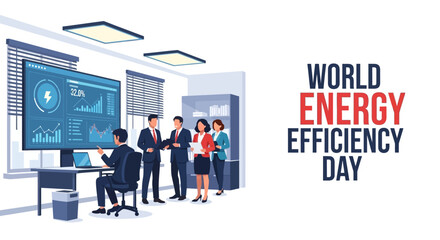 Obraz premium Illustration of a group of businesspeople discussing energy efficiency in a modern office on World Energy Efficiency Day with a presentation on a large screen.