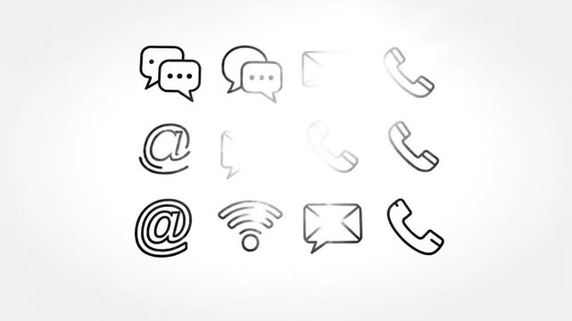 Communication method line art icons collection animation on white background representing technology email phone call and social media messaging
