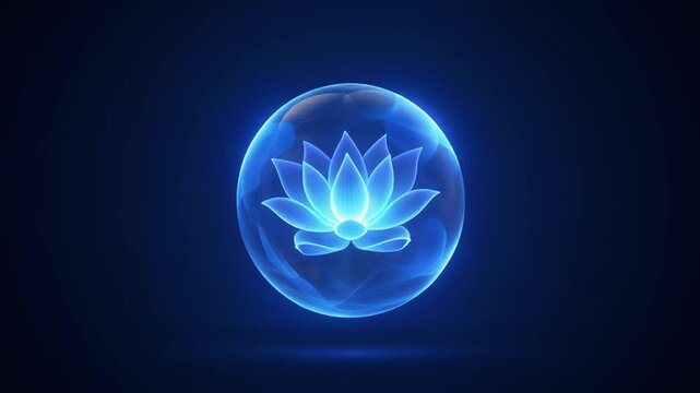 A glowing blue lotus flower inside a transparent sphere with a dark background