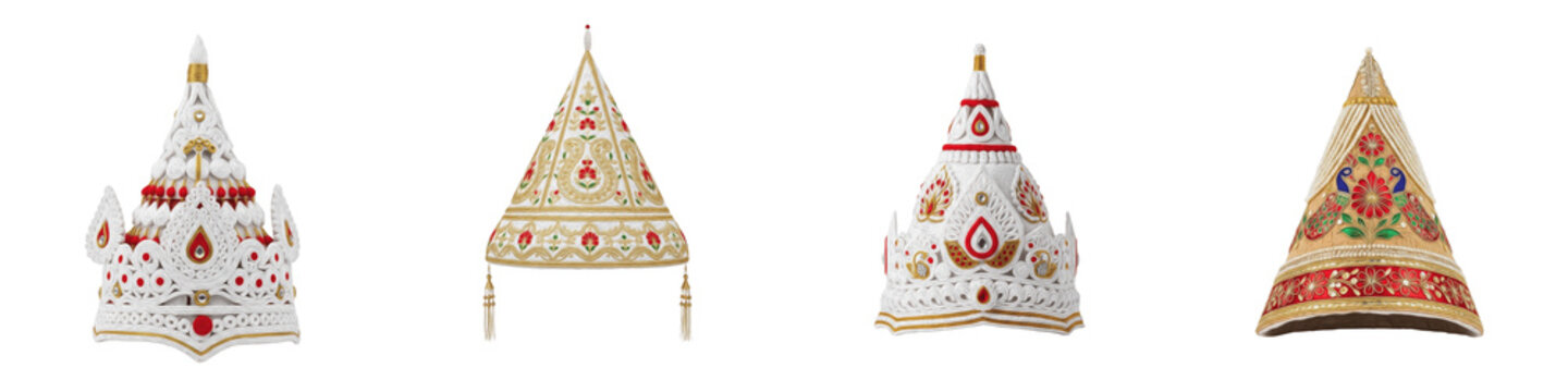 Traditional Bengali Topor Set, Mukut Bridal Headgear, Indian Wedding Groom Crown, Shola Pith Art, White Red Decorative Headwear, Isolated PNG, Religious Ceremony