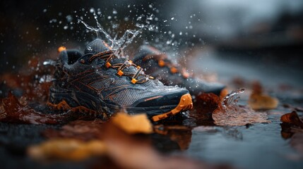 Trail running shoe splashing through water and autumn leaves, active outdoor adventure