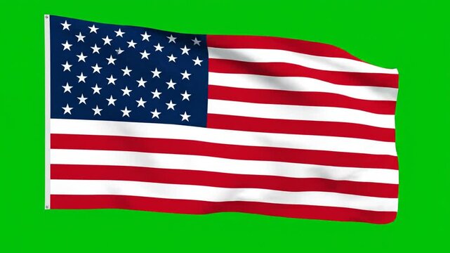 A waving American flag with a blue rectangle in the top left corner, fifty white stars, and seven horizontal stripes on a green background