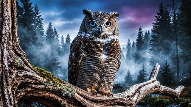 A brown owl perches on a gnarled tree branch, set against a misty forest backdrop with a purple and blue sky