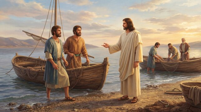 Jesus Christ calling his first apostles by the water, fishermen leaving nets and their former life, embracing divine invitation, becoming fishers of men, serving the Kingdom of God