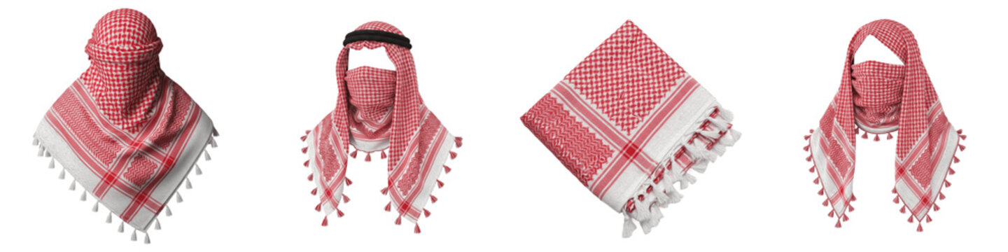 Traditional Red and White Keffiyeh Collection, Middle Eastern Shemagh Scarf Set, Arabic Head Wrap with Agal Accessory, Cultural Desert Apparel, Isolated White Background PNG