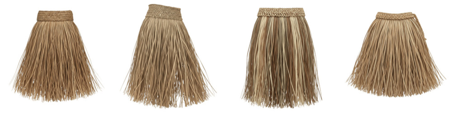 Authentic Pacific Island Grass Skirt Collection, Traditional Polynesian Hula Dance Costume, Natural Fiber Raffia Skirts, Luau Party Performance Wear, Isolated PNG Background
