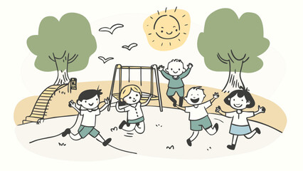 Obraz premium Watercolor storybook illustration of cheerful school children playing in a playground during recess, kids running, sliding and laughing together