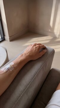 Close-Up of a Person's Arm with IV Drip on Couch in Minimalist Interior, Highlighting Medical Technology. Video made using Generative AI.