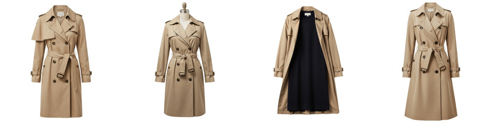 Classic Khaki Trench Coat Collection, Double Breasted Long Jacket, Womens Spring Autumn Outerwear, Belted Overcoat Fashion, Isolated On White Background PNG Image © JFK KOO!