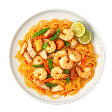 Classic Filipino pancit canton stir-fried noodles with vegetables and calamansi.