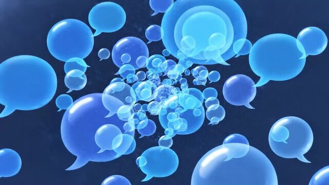 Dynamic 3d animation of floating blue speech bubbles representing communication and social interaction on a dark blue background
