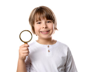Little boy with magnifying glass on white background © New Africa