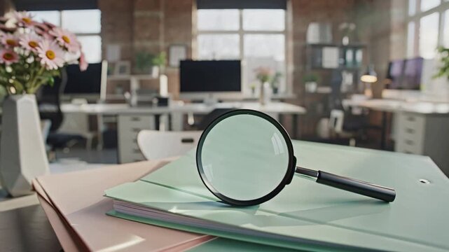 magnifying glass, folders on a table in an empty office
