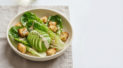 アボカドとクルトンが乗ったヘルシーなシーザーサラダ ｜ 俯瞰