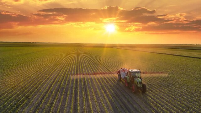 Aerial view of crop sprayer working on a corn field at sunset. Spring day beautiful landscape, rural scene. Drone shot of spraying corn to the increase crop yield