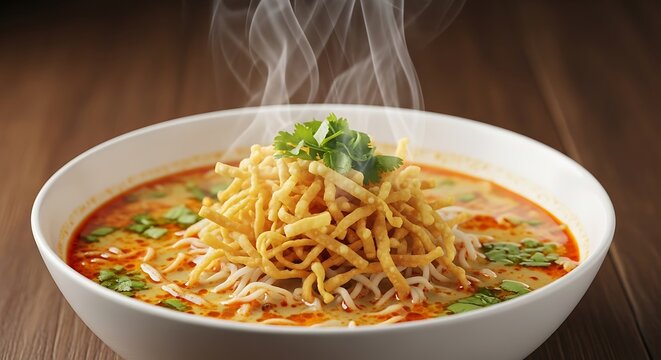 Steaming bowl of Khao Soi, a popular Northern Thai noodle soup dish