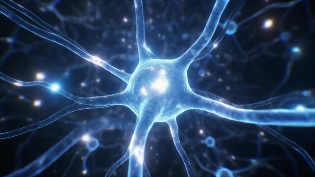 Abstract glowing blue neuron illustration, depicting the complex interconnections of a neural network, symbolizing brain activity, thought processes, and information flow