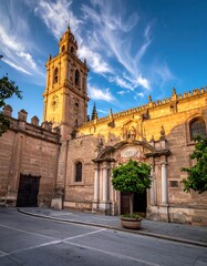 A large, old stone building with a tall tower and a tree in front