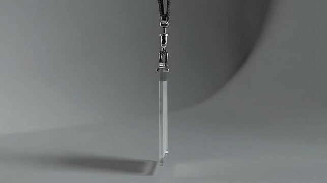 Clear blank ID card holder hangs from black lanyard with a metal clip against grey