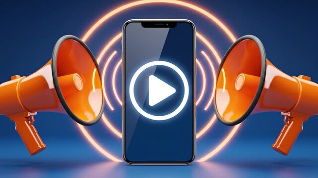 Phone screen play button notification with orange megaphones and glowing circles modern technology promotion video