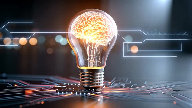 A light bulb with a glowing brain-shaped filament sits on a circuit board, with bokeh background