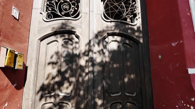 Old carved wooden door in Vrsac, Vojvodina, Serbia filmed from a top down angle. Weathered facade with textured red wall and dramatic leaf shadows in sunlight