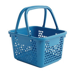 Blue plastic basket with white polka dots and two handles