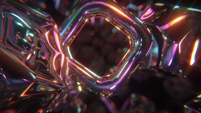 abstract video metallic, fluid geometric shapes, morphing flowing shapes smooth transitions glowing neon light source center. geometry spheres, pyramids hexagons some elements bend twist in mid-air