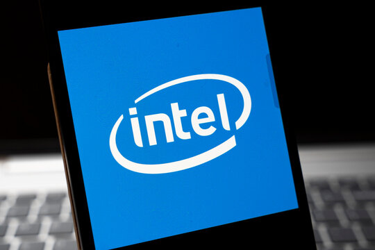 Warsaw, Poland - Feb 24, 2026: Close-up of an Intel logo displayed on a mobile device screen, illustrating technological innovation and brand presence in modern communication.