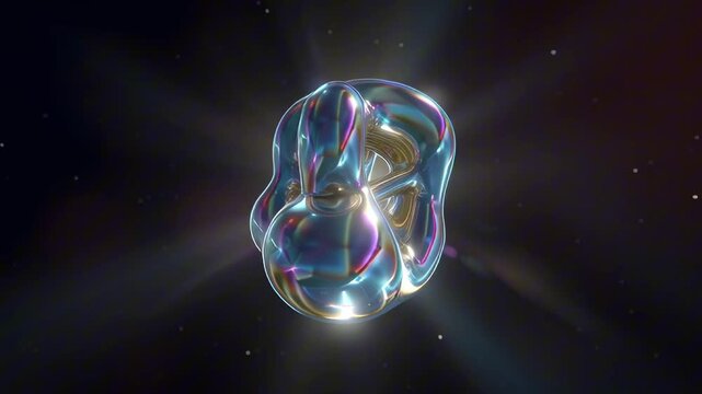 abstract video metallic, fluid geometric shapes, morphing flowing shapes smooth transitions glowing neon light source center. geometry spheres, pyramids hexagons some elements bend twist in mid-air