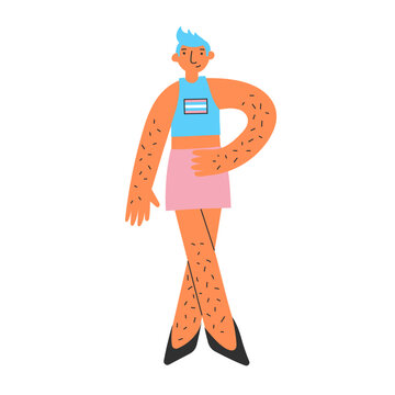 Modern androgynous transgender character mtf in skirt with trans flag colors in minimal flat style. Gender expression, individuality, confidence and self-acceptance concept. Diversity and inclusion.