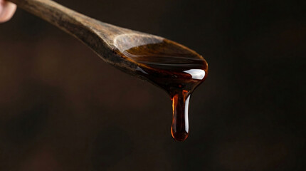 25-year aged traditional balsamic vinegar coating a rustic wooden spoon