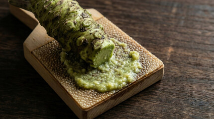 Fresh raw wasabi root being grated into a paste on a wooden sharkskin grater