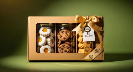 Luxury Eid Mubarak cookie gift box featuring assorted traditional cookies in clear jars, premium kraft packaging with elegant green ribbon and Islamic decorative elements. Ideal for Ramadan Kareem .