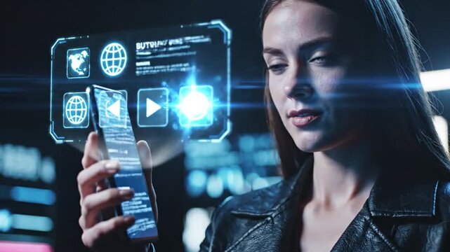 Young woman interacting with futuristic augmented reality interface on smartphone showcasing advanced technology and future digital media experience