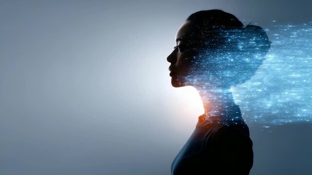 A silhouette of a woman with her head dissolving into glowing digital particles, representing innovation and the digital age. The image conveys themes of AI, future, and human evolution