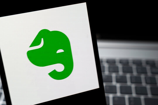 Warsaw, Poland - Feb 24, 2026: A close-up view of the green Elephant logo on a white background, representing the Evernote brand, set against a blurred keyboard background.