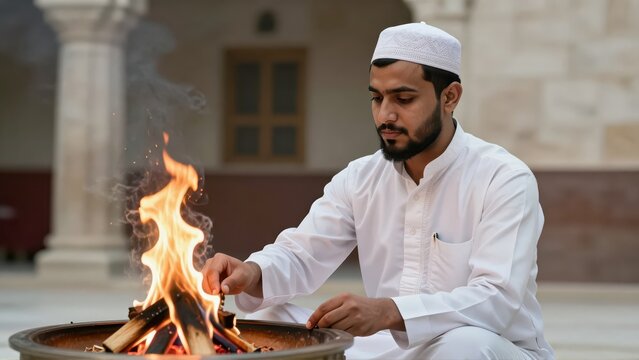 Young Zoroastrian Man in White Kurta and Topi Tending Sacred Eternal Fire Inside Traditional Agiary Sanctum Worship Ceremony