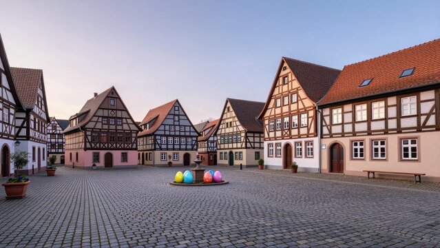 German village square at dawn with pastel light on half-timbered houses, cobblestone street, and scattered colorful Easter eggs, creating a serene wide