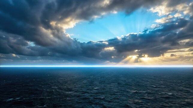 Ocean dividing line with sun rays breaking through clouds, conceptualizing the second day of creation when God separated the waters.