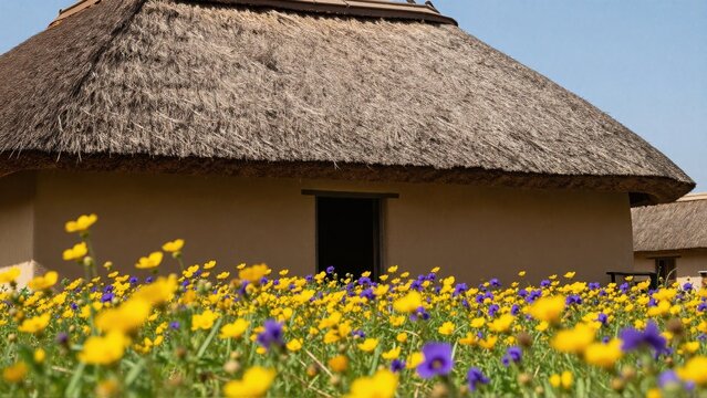 Warm, low-angle sunlight illuminates textured thatched roof above a vibrant foreground carpeted with yellow and purple wildflowers, deep perspective.