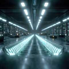 Fototapeta premium Glowing corridor, blue lights streak to distant darkness
