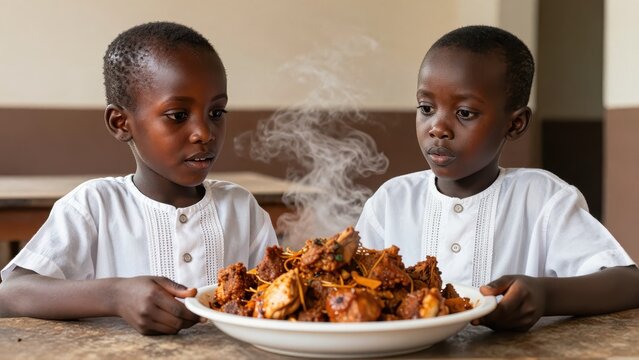 Two Young Ethiopian Children in White Cotton Clothing Staring Wide-Eyed at a Steaming Plate of Traditional Doro Wat Chicken Prepared for Fasika Celebration