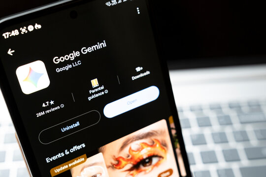 Warsaw, Poland - Feb 24, 2026: Google Gemini app displayed on a smartphone screen, featuring distinctive logo, download data, and user ratings, showcasing modern technology.