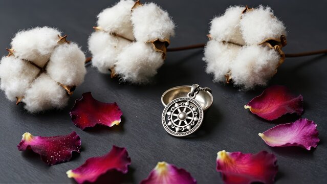 Still life composition of sacred Zoroastrian Kusti thread, small silver receptacle for Faravahar pendants, and scattered dried rose petals on dark surface.