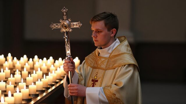 Solemn young priest in ornate vestments holding a silver processional cross, hundreds of flickering beeswax candles illuminating his face, dark interior