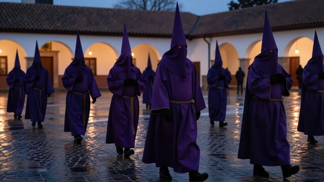 Silhouetted figures in traditional purple penitent robes moving slowly across a wet cobblestone plaza at twilight; faint candlelight glows from nearby.