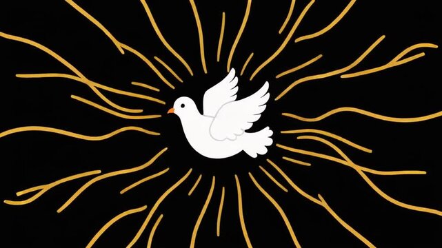 A white dove flies out of a black background surrounded by yellow rays