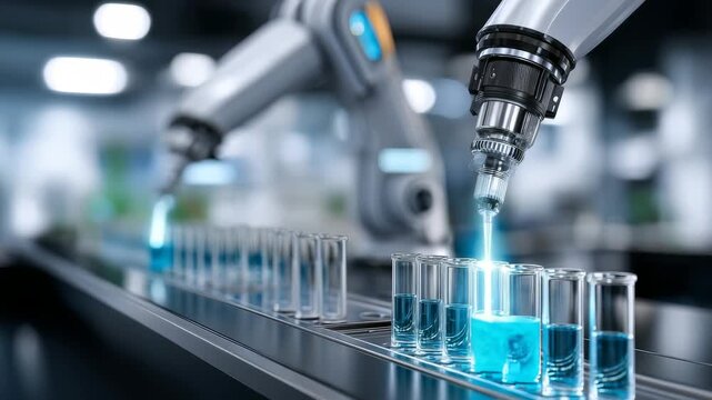 Futuristic robots automate the process of liquid dispensing into glass test tubes, showcasing cutting edge laboratory technology. This scene highlights efficiency and precision in modern science labs